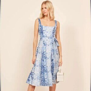 Reformation Blue Floral Midi Dress Linen Square Neck Tie Waist